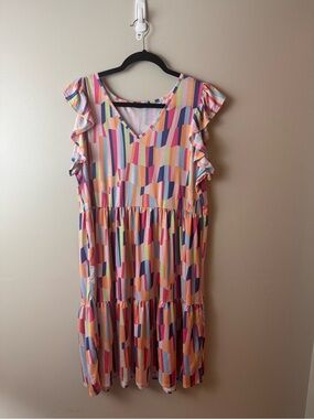 NWOT HEIMISH USA Pastel Multicolor V-Neck Ruffle Sleeve Midi Dress 2XL